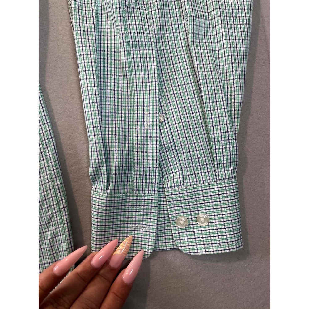Lands End Mens XL No Iron Oxford Shirt Green Blue Check Button Down - Picture 7 of 11